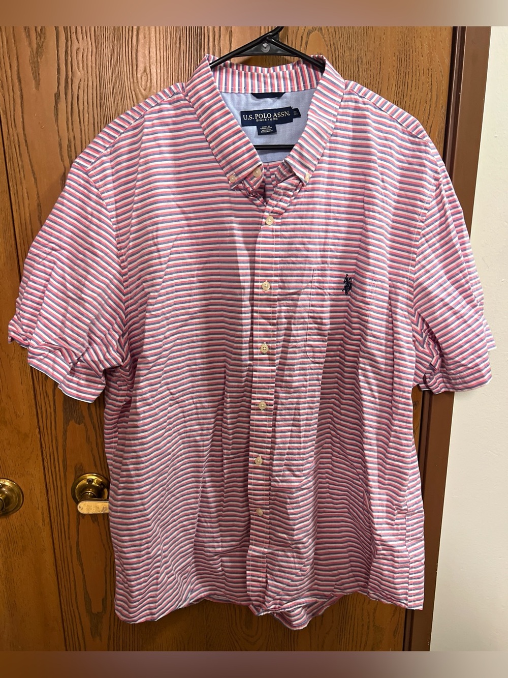US Polo Assn Button short sleeve Dress Shirt 3XL Lightweight Red Blue Stripe